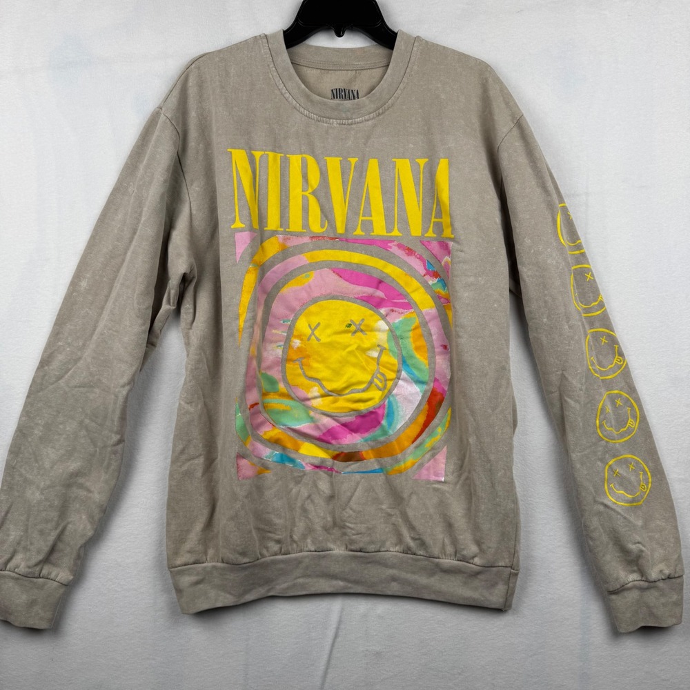 Nirvana Smiley Face Graphic Print Crew Neck Sweatshirt - Music Band Rock - Picture 1 of 6